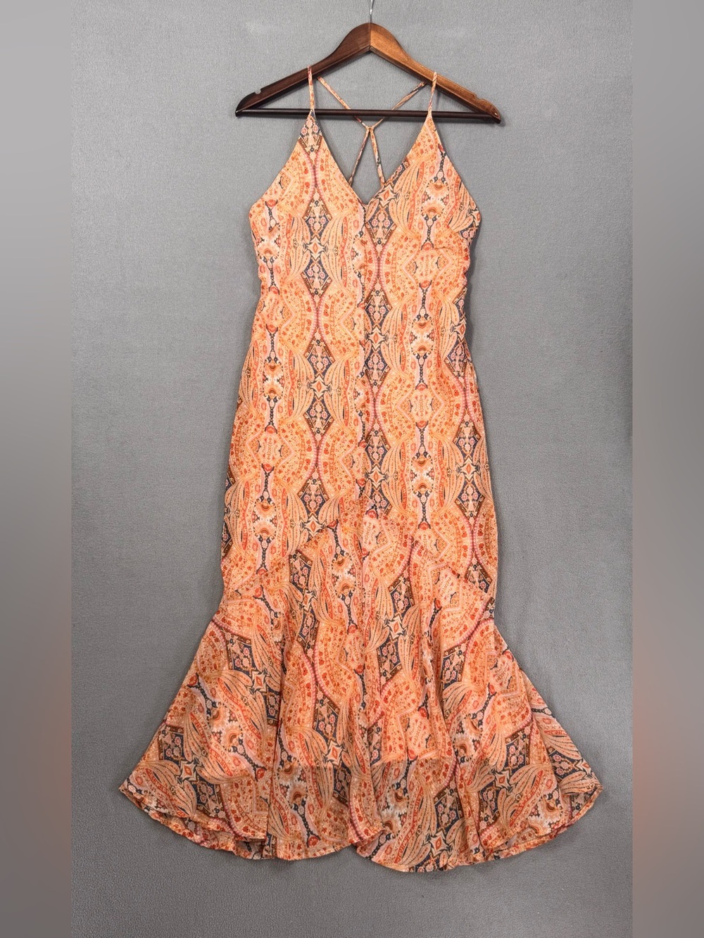 Vintage Forever 21 Boho Orange Paisley Maxi Dress with Flirty Mermaid Hem, Small